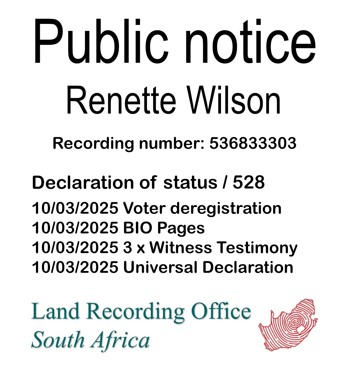 Public Notice Renette Wilson (c) Recording number 536833303